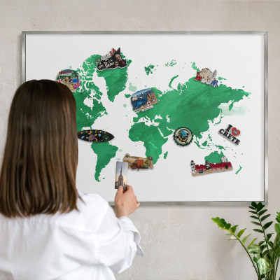 Souvenir magnet display board with a silver frame Green map
