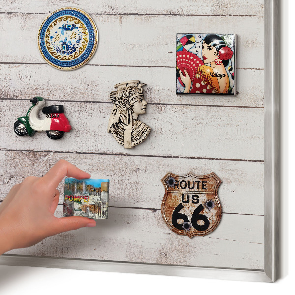 Printed magnet board in a silver frame Light wood
