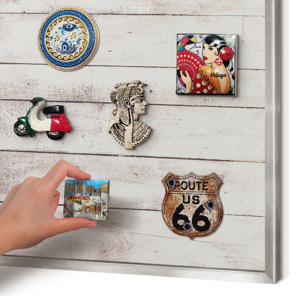 Printed magnet board in a silver frame Light wood