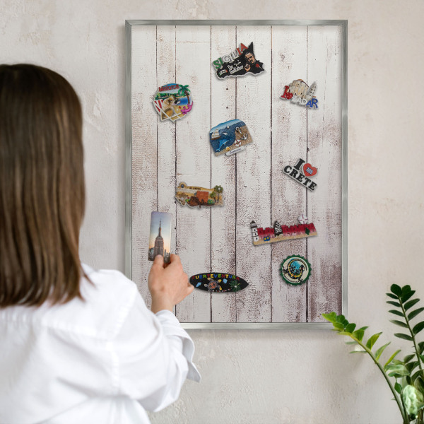Printed magnet board in a silver frame Light wood