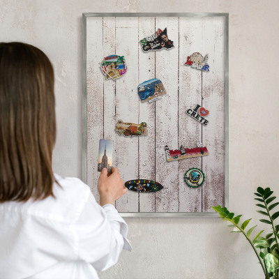Printed magnet board in a silver frame Light wood