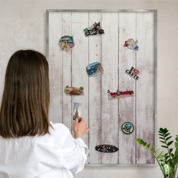 Printed magnet board in a silver frame Light wood