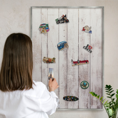 Printed magnet board in a silver frame Light wood