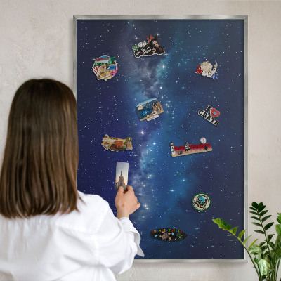 Souvenir magnet display board with a silver frame Star space
