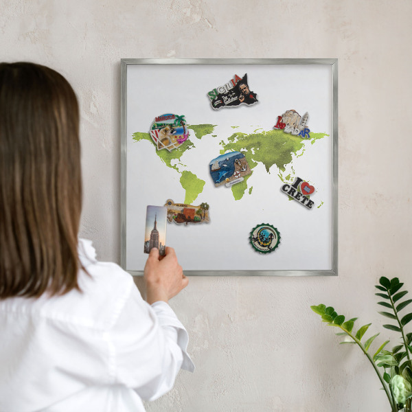 Printed magnet board in a silver frame Green map