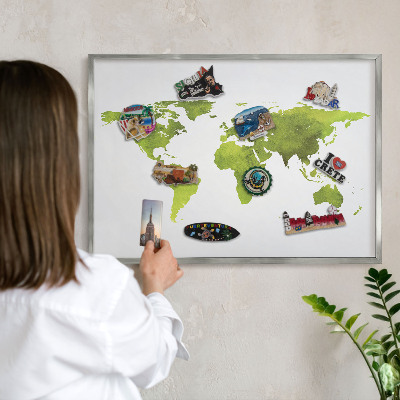 Printed magnet board in a silver frame Green map