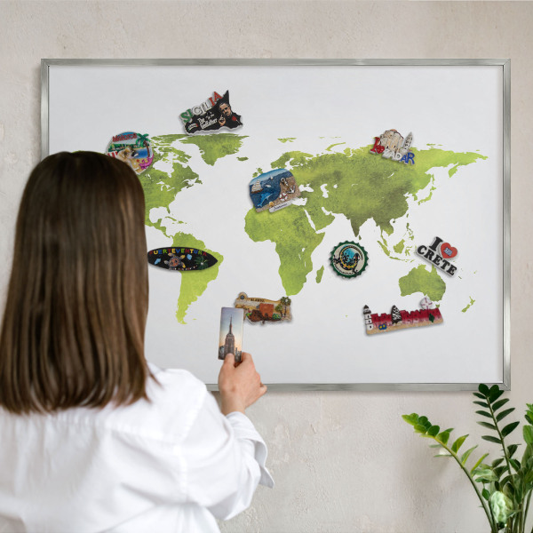 Printed magnet board in a silver frame Green map