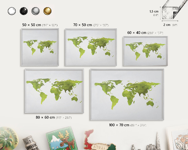 Printed magnet board in a silver frame Green map