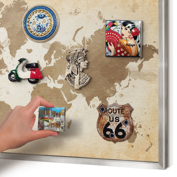 Souvenir magnet display board with a silver frame World map