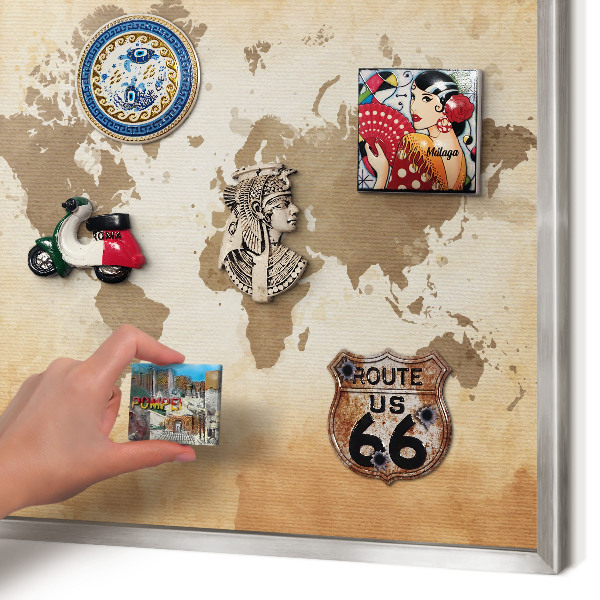 Souvenir magnet display board with a silver frame World map