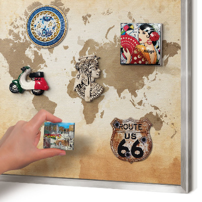 Souvenir magnet display board with a silver frame World map