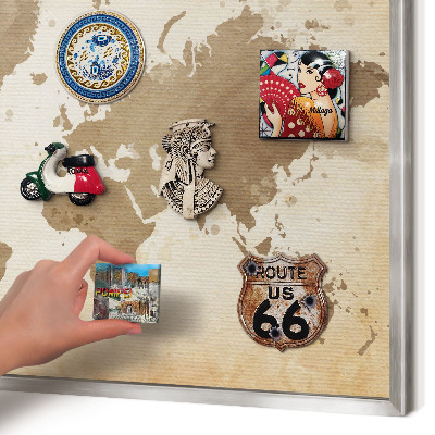 Souvenir magnet display board with a silver frame World map