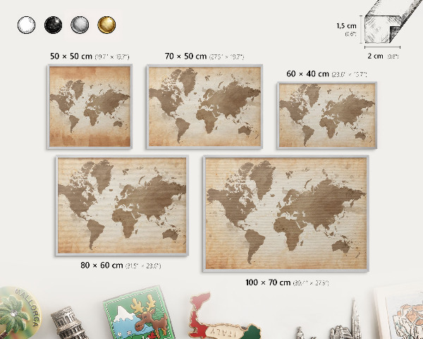 Souvenir magnet display board with a silver frame World map