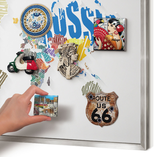 Souvenir magnet display board with a silver frame Color map