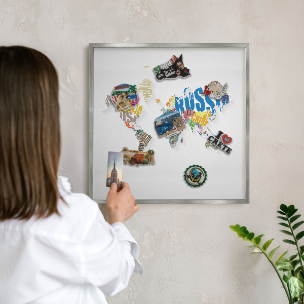 Souvenir magnet display board with a silver frame Color map