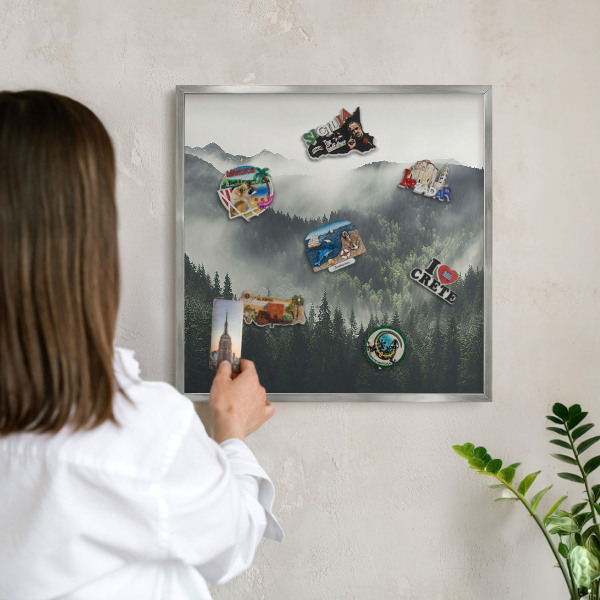 Printed magnet board in a silver frame Green mountains
