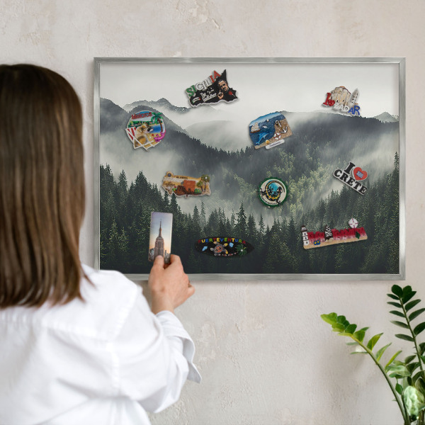 Printed magnet board in a silver frame Green mountains