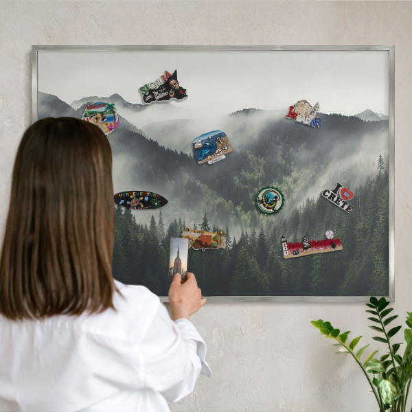 Printed magnet board in a silver frame Green mountains