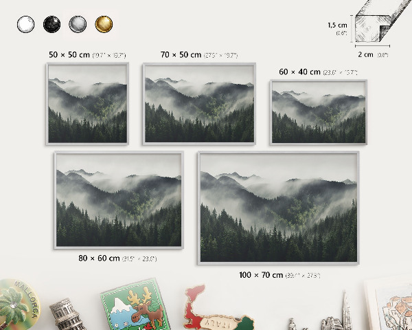 Printed magnet board in a silver frame Green mountains