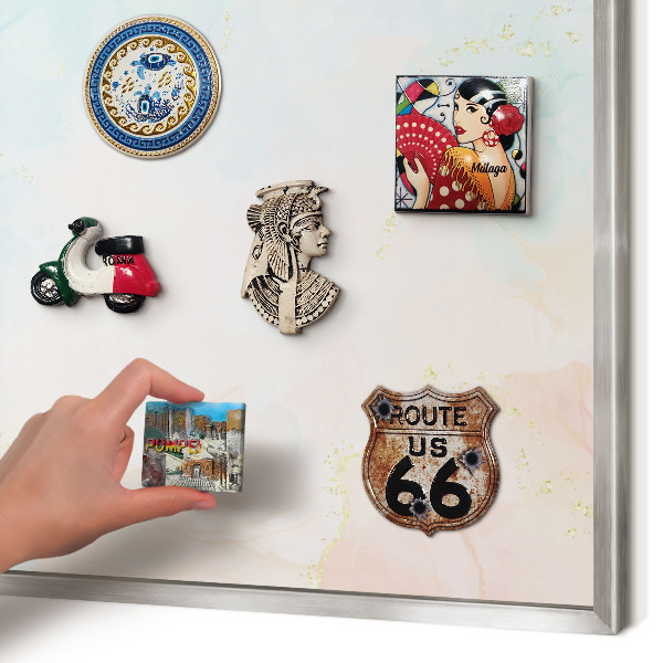 Souvenir magnet display board with a silver frame Pastel elegance