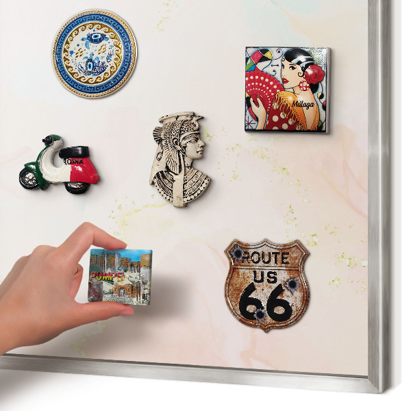 Souvenir magnet display board with a silver frame Pastel elegance