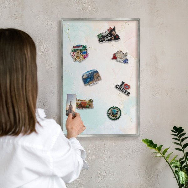 Souvenir magnet display board with a silver frame Pastel elegance