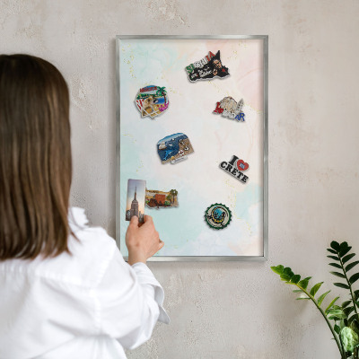 Souvenir magnet display board with a silver frame Pastel elegance