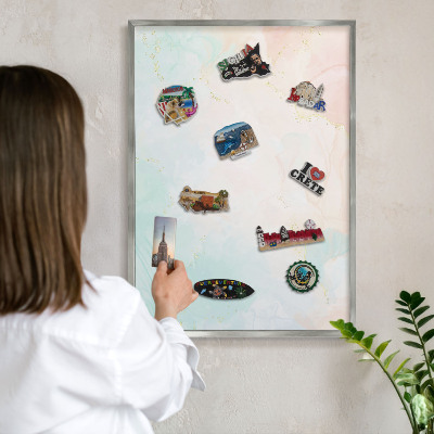 Souvenir magnet display board with a silver frame Pastel elegance
