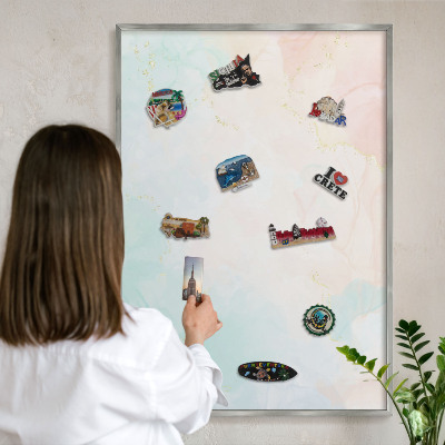 Souvenir magnet display board with a silver frame Pastel elegance