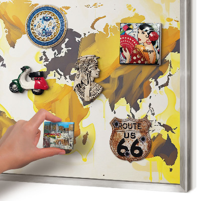Souvenir magnet display board with a silver frame World map