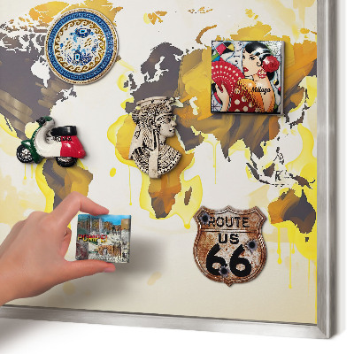 Souvenir magnet display board with a silver frame World map