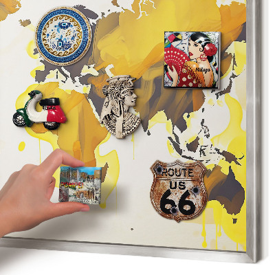 Souvenir magnet display board with a silver frame World map