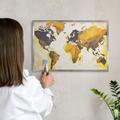 Souvenir magnet display board with a silver frame World map