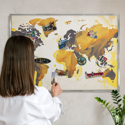 Souvenir magnet display board with a silver frame World map