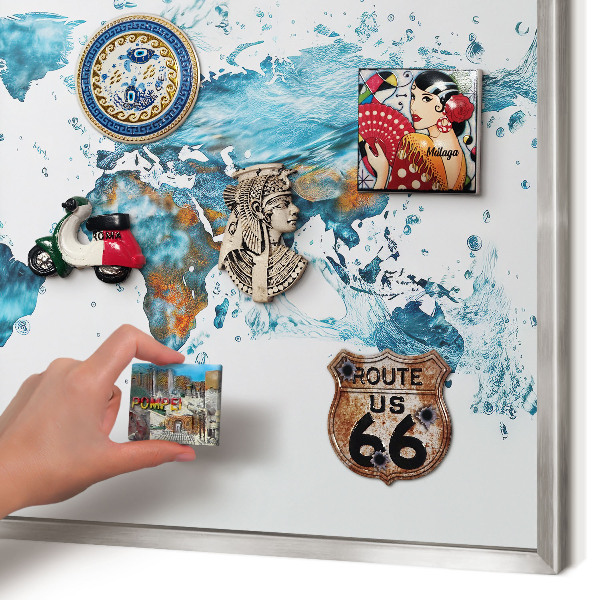 Printed magnet board in a silver frame Water map