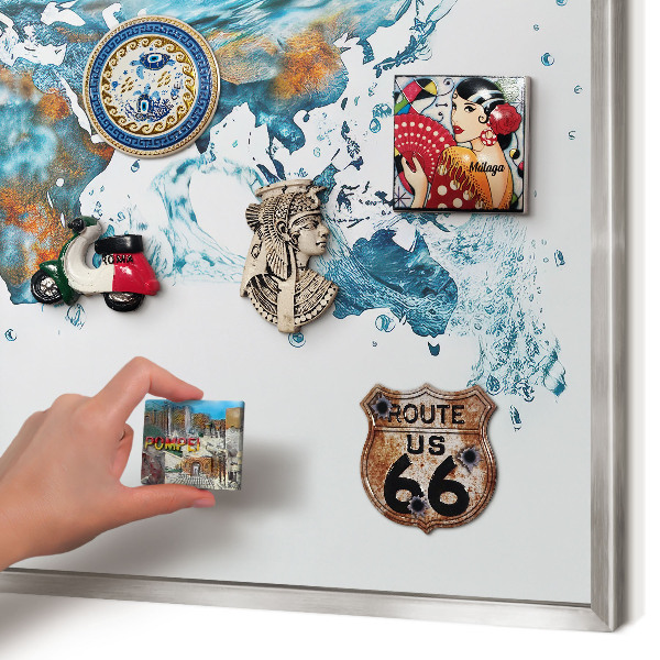 Printed magnet board in a silver frame Water map