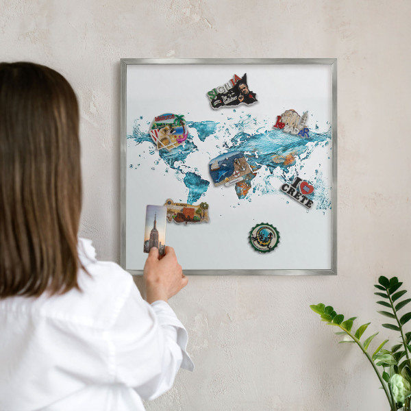 Printed magnet board in a silver frame Water map