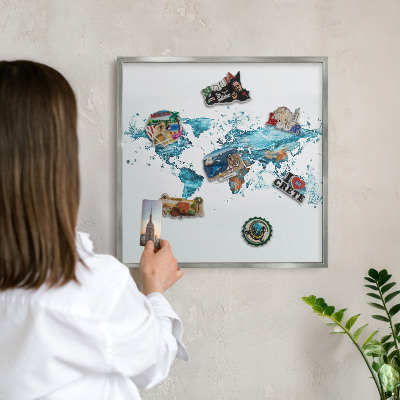 Printed magnet board in a silver frame Water map