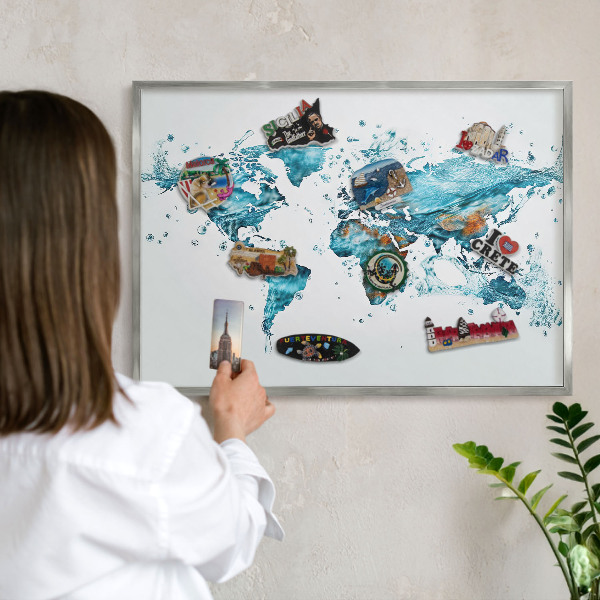 Printed magnet board in a silver frame Water map