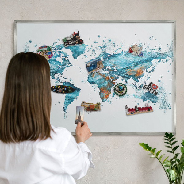 Printed magnet board in a silver frame Water map