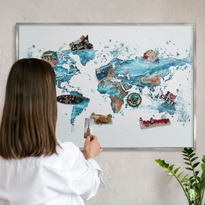 Printed magnet board in a silver frame Water map