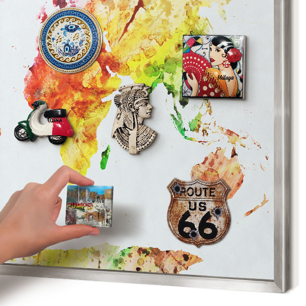 Souvenir magnet display board with a silver frame Color map