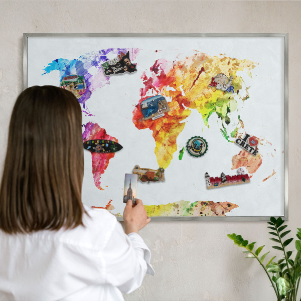 Souvenir magnet display board with a silver frame Color map
