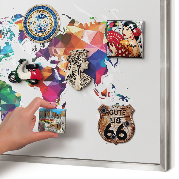 Printed magnet board in a silver frame World map