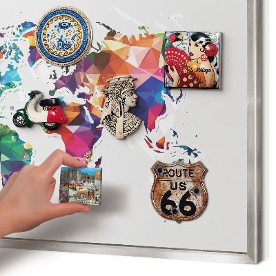 Printed magnet board in a silver frame World map