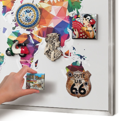 Printed magnet board in a silver frame World map