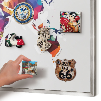 Printed magnet board in a silver frame World map
