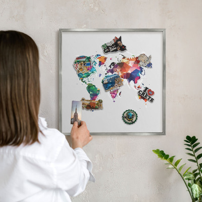Printed magnet board in a silver frame World map