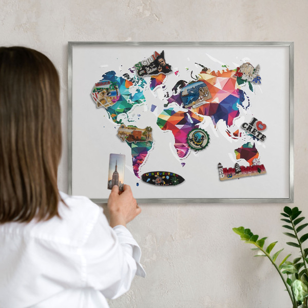 Printed magnet board in a silver frame World map