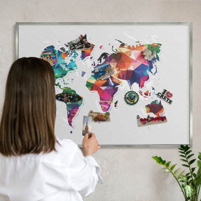 Printed magnet board in a silver frame World map
